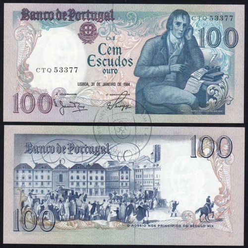 100 Escudos Bocage 31.01.1984, One Hundred Escudos 31 January 1984 Plate 8 - Bank of Portugal, (QNC), Pick 178c
