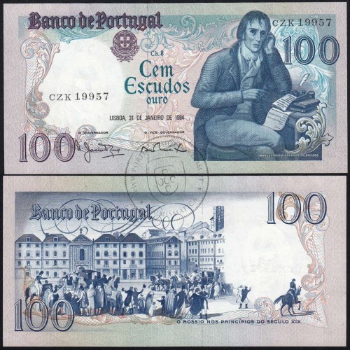 100 Escudos Bocage 31.01.1984, One Hundred Escudos 31 January 1984 Plate 8 - Bank of Portugal, (QNC), Pick 178c
