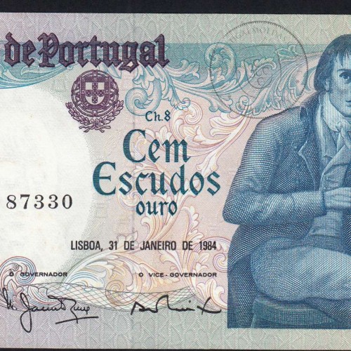 100 Escudos Bocage 31.01.1984, One Hundred Escudos 31 January 1984 Plate 8 - Bank of Portugal, (QNC w/ stains), Pick 178c