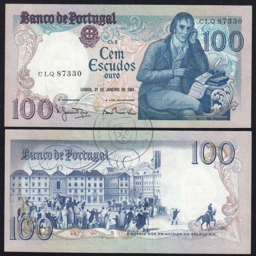 100 Escudos Bocage 31.01.1984, One Hundred Escudos 31 January 1984 Plate 8 - Bank of Portugal, (QNC w/ stains), Pick 178c