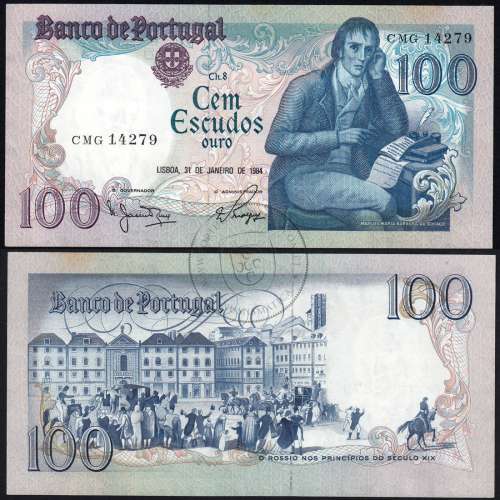 100 Escudos 1984 Bocage 31/01/1984, 100$00 Cem Escudos 31/01/1984 Chapa:8 Banco de Portugal, (QNC c/manchas), Pick 178c