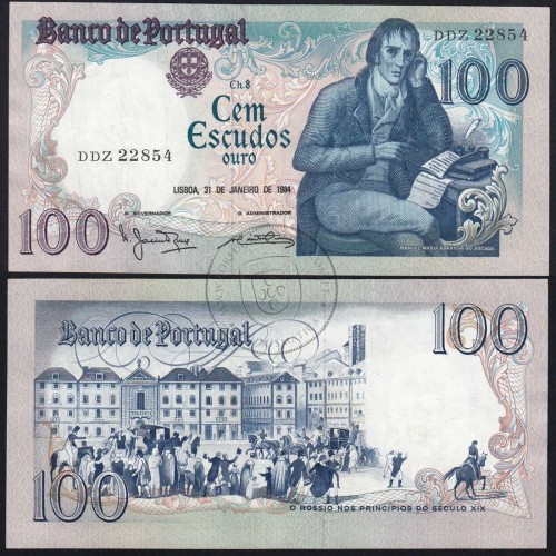 100 Escudos Bocage 31.01.1984, One Hundred Escudos 31 January 1984 Plate 8 - Bank of Portugal, (PC), Pick 178c