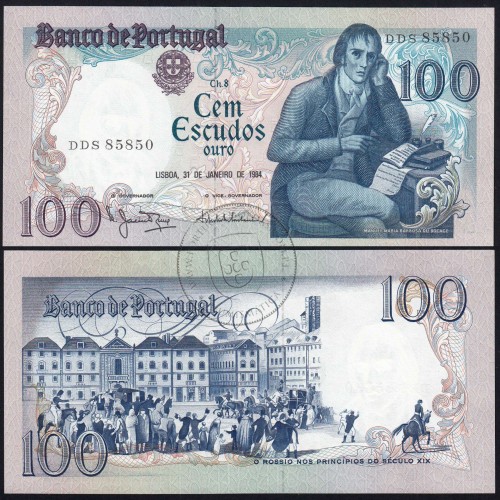 100 Escudos Bocage 31.01.1984, One Hundred Escudos 31 January 1984 Plate 8 - Bank of Portugal, (QNC), Pick 178c