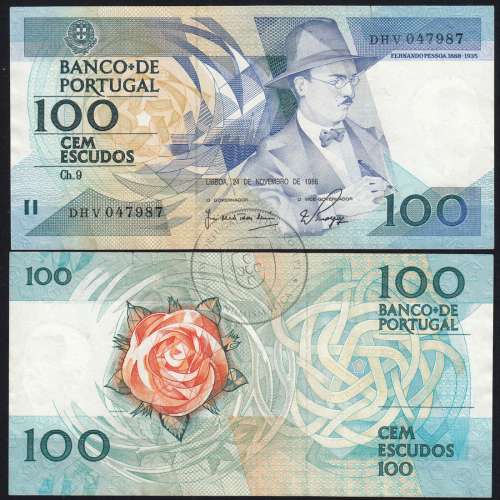 100 Escudos 1988 Fernando Pessoa 24/11/1988, 100$00 Cem Escudos 24/11/1988 Chapa:9 Banco de Portugal, (PC c/ rasgos), Pick 179f