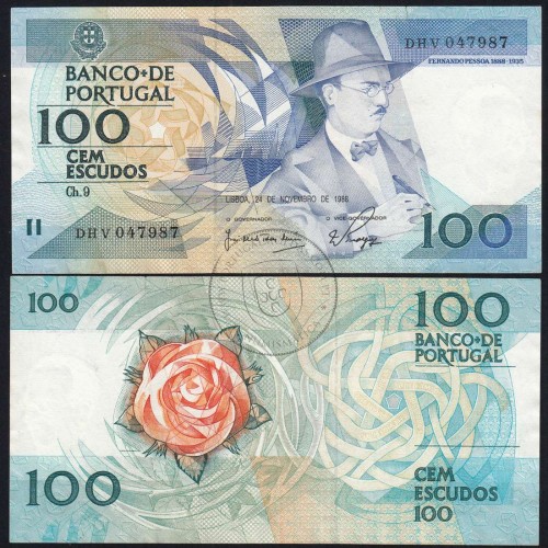 100 Escudos Fernando Pessoa 24.11.1988, One Hundred Escudos 24 November 1988 Plate 9 - Bank of Portugal, (PC w/rips), Pick 179f