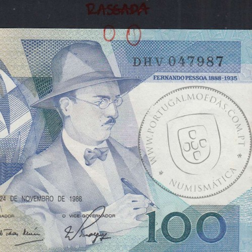 100 Escudos 1988 Fernando Pessoa 24/11/1988, 100$00 Cem Escudos 24/11/1988 Chapa:9 Banco de Portugal, (PC c/ rasgos), Pick 179f