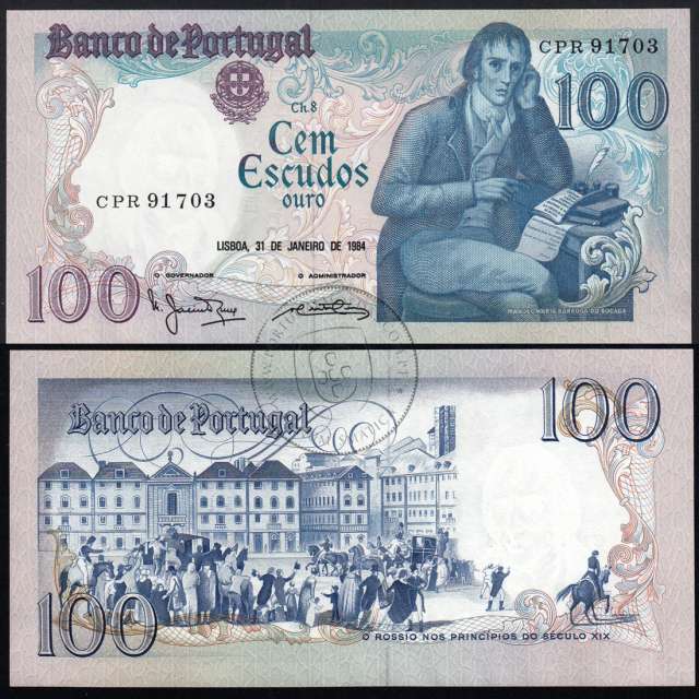 100 Escudos Bocage 31.01.1984, One Hundred Escudos 31 January 1984 Plate 8 - Bank of Portugal, (QNC), Pick 178c