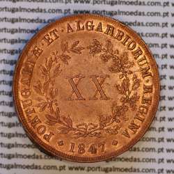 Portugal, copper coin of XX Réis 1847 D. Maria II, very rare in this state of conservation, (UNC), World Coins Portugal KM 482