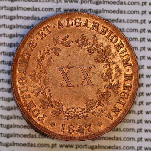 Portugal, copper coin of XX Réis 1847 D. Maria II, very rare in this state of conservation, (UNC), World Coins Portugal KM 482