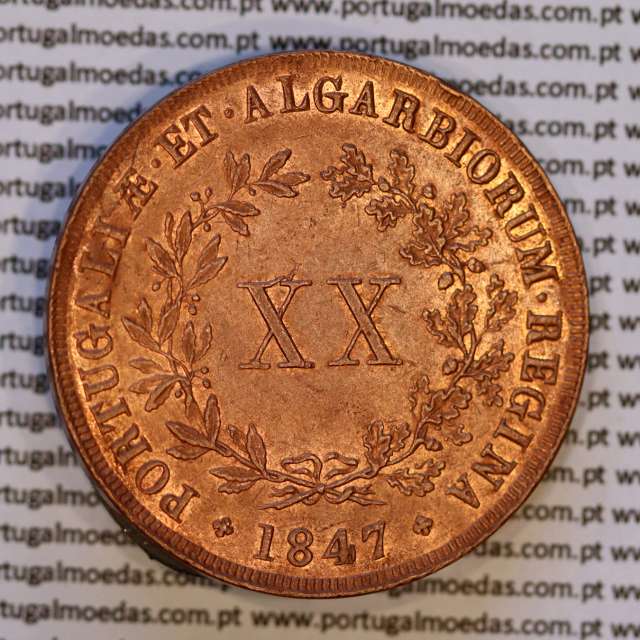 Portugal, copper coin of XX Réis 1847 D. Maria II, very rare in this state of conservation, (UNC), World Coins Portugal KM 482