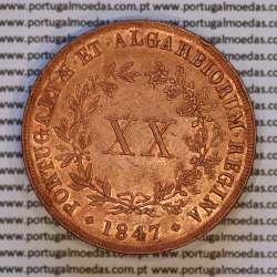 Portugal, copper coin of XX Réis 1847 D. Maria II, very rare in this state of conservation, (UNC), World Coins Portugal KM 482