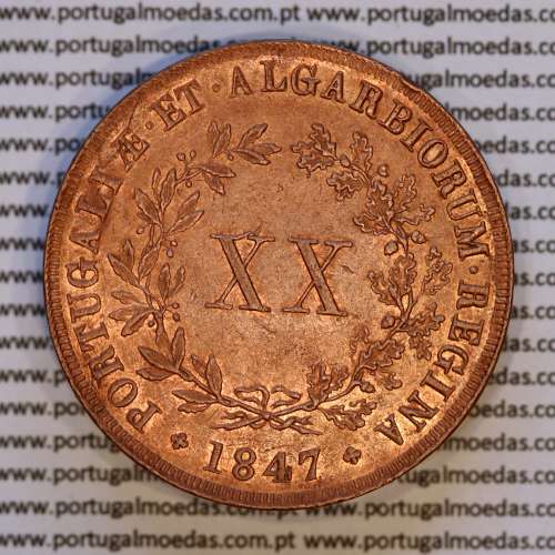 Portugal, copper coin of XX Réis 1847 D. Maria II, very rare in this state of conservation, (UNC), World Coins Portugal KM 482