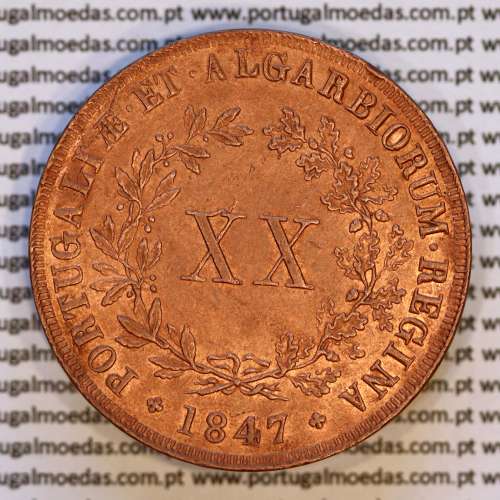 Portugal, copper coin of XX Réis 1847 D. Maria II, very rare in this state of conservation, (UNC), World Coins Portugal KM 482