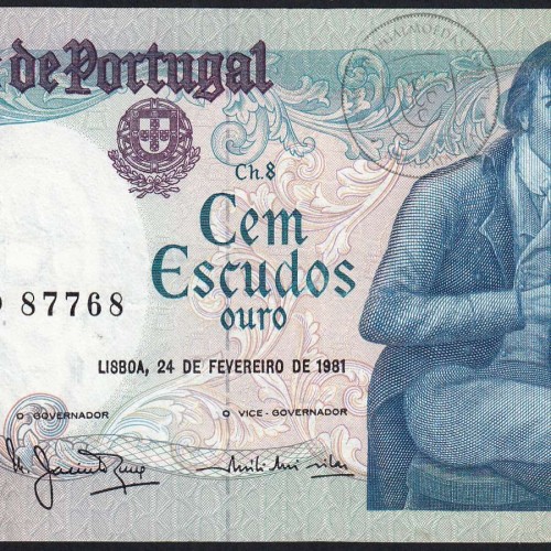 100 Escudos Bocage 24.02.1981, One Hundred Escudos 24 February 1981 Plate 8 - Bank of Portugal, (PC), Pick 178b
