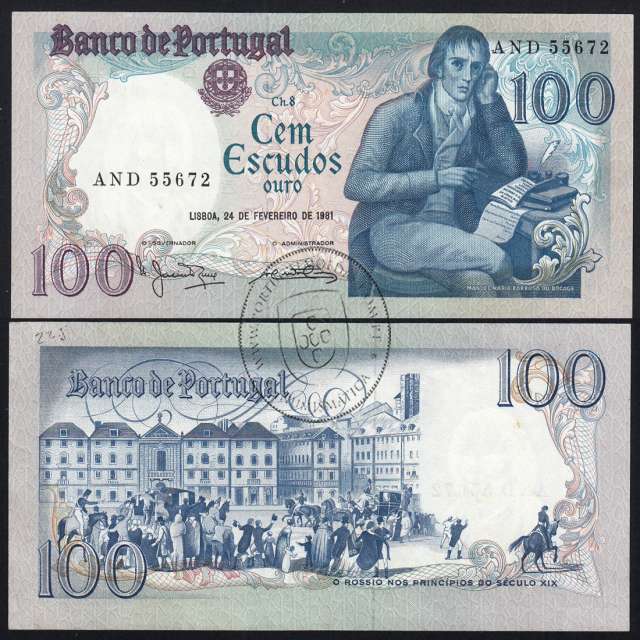 100 Escudos 1981 Bocage 24/02/1981, 100$00 Cem Escudos Chapa:8 Banco de Portugal, (QNC c/ manchas e escrita), Pick 178b