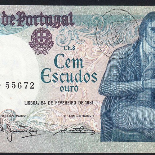 100 Escudos 1981 Bocage 24/02/1981, 100$00 Cem Escudos Chapa:8 Banco de Portugal, (QNC c/ manchas e escrita), Pick 178b