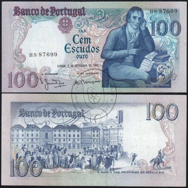 100 Escudos 1980 Bocage 02/09/1980, 100$00 Cem Escudos 02/09/1980 Chapa:8 Banco de Portugal, (PC), Pick 178a