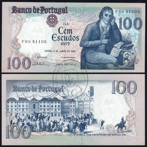 100 Escudos Bocage 04.06.1985, One Hundred Escudos 4 June 1985 Plate 8 - Bank of Portugal, (QNC), Pick 178e