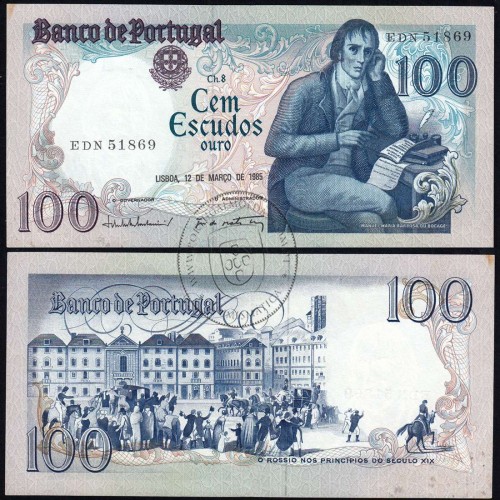 100 Escudos Bocage 12.03.1985, One Hundred Escudos 12 March 1985 Plate 8 - Bank of Portugal, (QNC w/ stains), Pick 178d