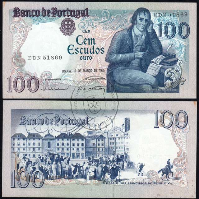 100 Escudos 1985 Bocage 12/03/1985, 100$00 Cem Escudos 12/03/1985 Chapa:8 Banco de Portugal, (QNC c/manchas), Pick 178d