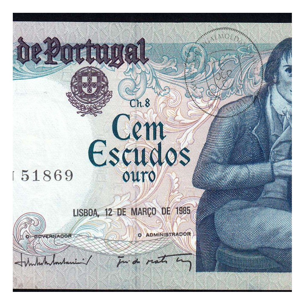 100 Escudos Bocage 12.03.1985, One Hundred Escudos 12 March 1985 Plate 8 - Bank of Portugal, (QNC w/ stains), Pick 178d
