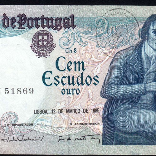 100 Escudos Bocage 12.03.1985, One Hundred Escudos 12 March 1985 Plate 8 - Bank of Portugal, (QNC w/ stains), Pick 178d