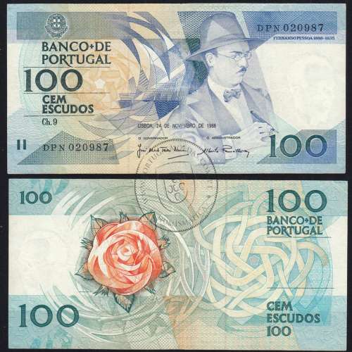 100 Escudos 1988 Fernando Pessoa 24/11/1988, 100$00 Cem Escudos 24/11/1988 Chapa:9 Banco de Portugal, (C), Pick 179f