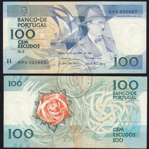 100 Escudos Fernando Pessoa 24.11.1988, One Hundred Escudos 24 November 1988 Plate 9 - Bank of Portugal, (C), Pick 179f