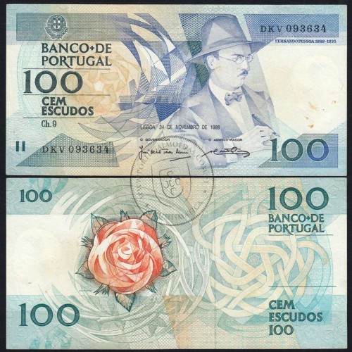 100 Escudos Fernando Pessoa 24.11.1988, One Hundred Escudos 24 November 1988 Plate 9 - Bank of Portugal, (C), Pick 179f