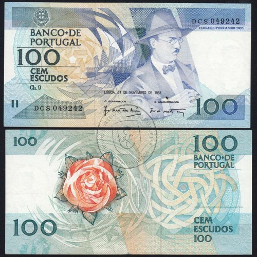 100 Escudos Fernando Pessoa 24.11.1988, One Hundred Escudos 24 November 1988 Plate 9 - Bank of Portugal, (C), Pick 179f
