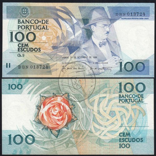 100 Escudos Fernando Pessoa 24.11.1988, One Hundred Escudos 24 November 1988 Plate 9 - Bank of Portugal, (C), Pick 179f
