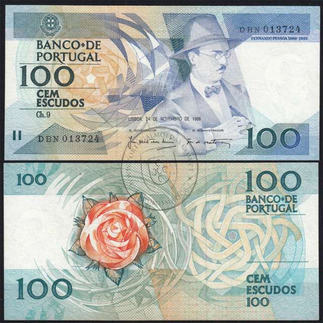 100 Escudos 1988 Fernando Pessoa 24/11/1988, 100$00 Cem Escudos 24/11/1988 Chapa:9 Banco de Portugal, (C), Pick 179f