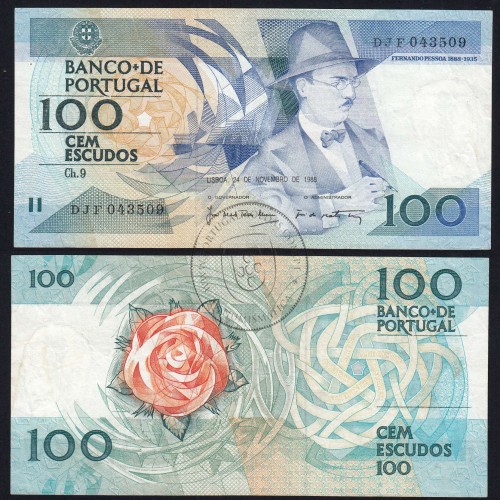 100 Escudos 1988 Fernando Pessoa 24/11/1988, 100$00 Cem Escudos 24/11/1988 Chapa:9 Banco de Portugal, (C), Pick 179f