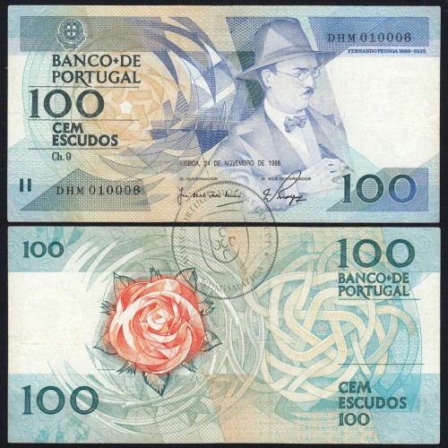 100 Escudos 1988 Fernando Pessoa 24/11/1988, 100$00 Cem Escudos 24/11/1988 Chapa:9 Banco de Portugal, (C), Pick 179f