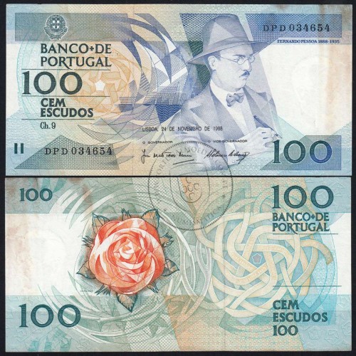 100 Escudos Fernando Pessoa 24.11.1988, One Hundred Escudos 24 November 1988 Plate 9 - Bank of Portugal, (C), Pick 179f
