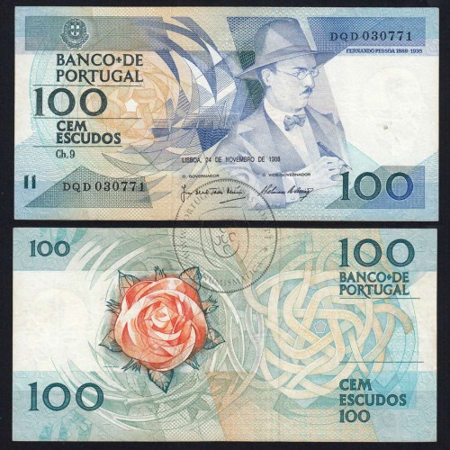 100 Escudos Fernando Pessoa 24.11.1988, One Hundred Escudos 24 November 1988 Plate 9 - Bank of Portugal, (C), Pick 179f