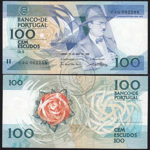 100 Escudos 1988 Fernando Pessoa 26/05/1988, 100$00 Cem Escudos 26/05/1988 Chapa:9 Banco de Portugal, (C), Pick 179e