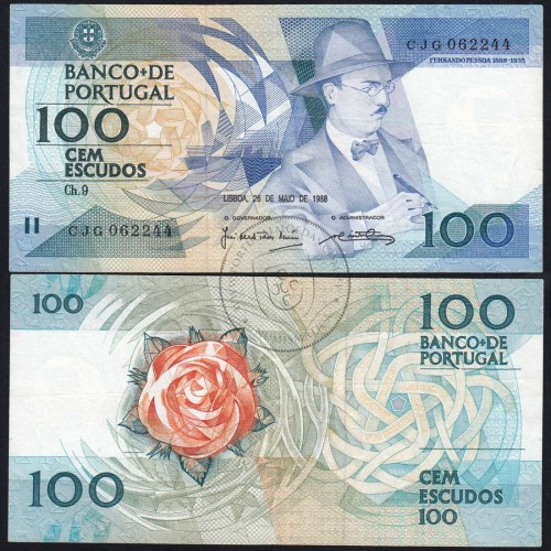 100 Escudos 1988 Fernando Pessoa 26/05/1988, 100$00 Cem Escudos 26/05/1988 Chapa:9 Banco de Portugal, (C), Pick 179e