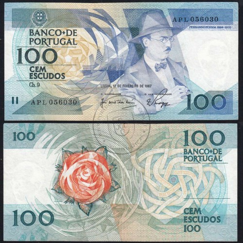 100 Escudos 1987 Fernando Pessoa 12/02/1987, 100$00 Cem Escudos 12/02/1987 Chapa:9 Banco de Portugal, (C), Pick 179b