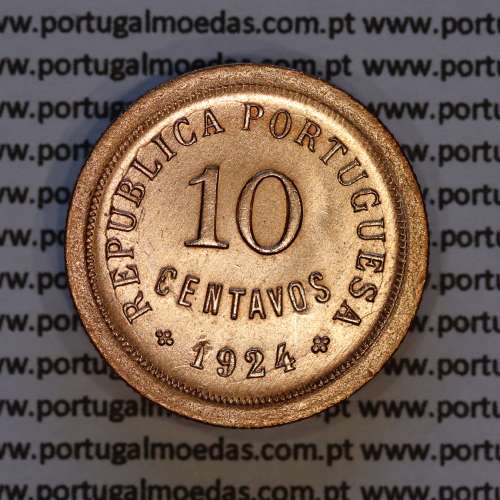 Portugal, bronze coin of 10 centavos 1924 of the Portuguese Republic, (UNC), World Coins Portugal KM 573