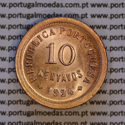 10 centavos 1924 Bronze, $10 centavos 1924 bronze Republica Portuguesa, (Bela/Soberba), World Coins Portugal KM 573