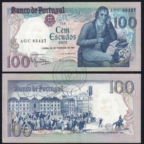 100 Escudos Bocage 24.02.1981, One Hundred Escudos 24 February 1981 Plate 8 - Bank of Portugal, (QNC w/stains), Pick 178b