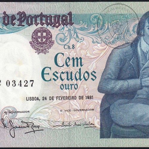 100 Escudos Bocage 24.02.1981, One Hundred Escudos 24 February 1981 Plate 8 - Bank of Portugal, (QNC w/stains), Pick 178b