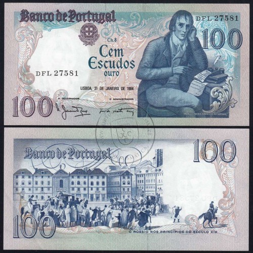100 Escudos Bocage 31.01.1984, One Hundred Escudos 31 January 1984 Plate 8 - Bank of Portugal, (QNC), Pick 178c