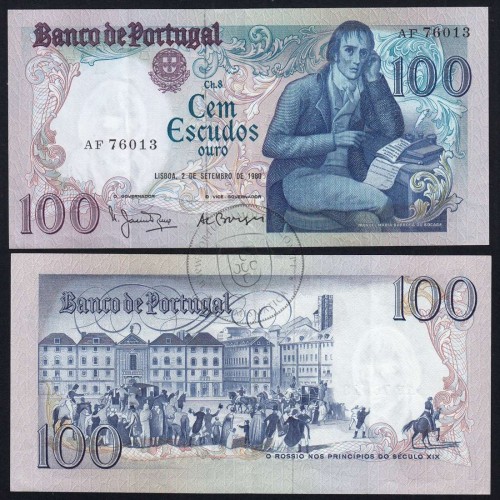 100 Escudos 1980 Bocage 02/09/1980, 100$00 Cem Escudos 02/09/1980 Chapa:8 Banco de Portugal, (PC), Pick 178a