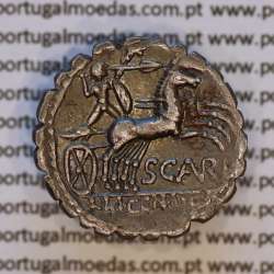 Denário serratus em prata da familia Aurélia, Marco Aurélio Escauro, M•AVRELI ROMA / SCAVRI - L•LIC•CN•DOM, (Narbo 118 a.C)