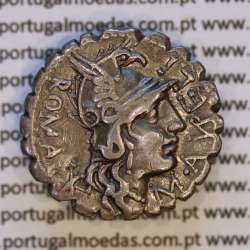 Denário serratus em prata da familia Aurélia, Marco Aurélio Escauro, M•AVRELI ROMA / SCAVRI - L•LIC•CN•DOM, (Narbo 118 a.C)