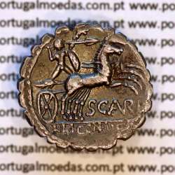 Denário serratus em prata da familia Aurélia, Marco Aurélio Escauro, M•AVRELI ROMA / SCAVRI - L•LIC•CN•DOM, (Narbo 118 a.C)