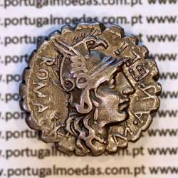 Denário serratus em prata da familia Aurélia, Marco Aurélio Escauro, M•AVRELI ROMA / SCAVRI - L•LIC•CN•DOM, (Narbo 118 a.C)