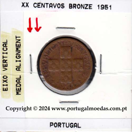Portugal, error coin of medal alignment XX centavos 1951 Bronze, (VF-), World Coins Portugal KM 584